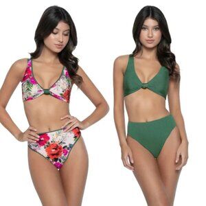 PQ Swim Ribbed Bikini Reversible Emerald Green Desert Rose Floral Large D NWT